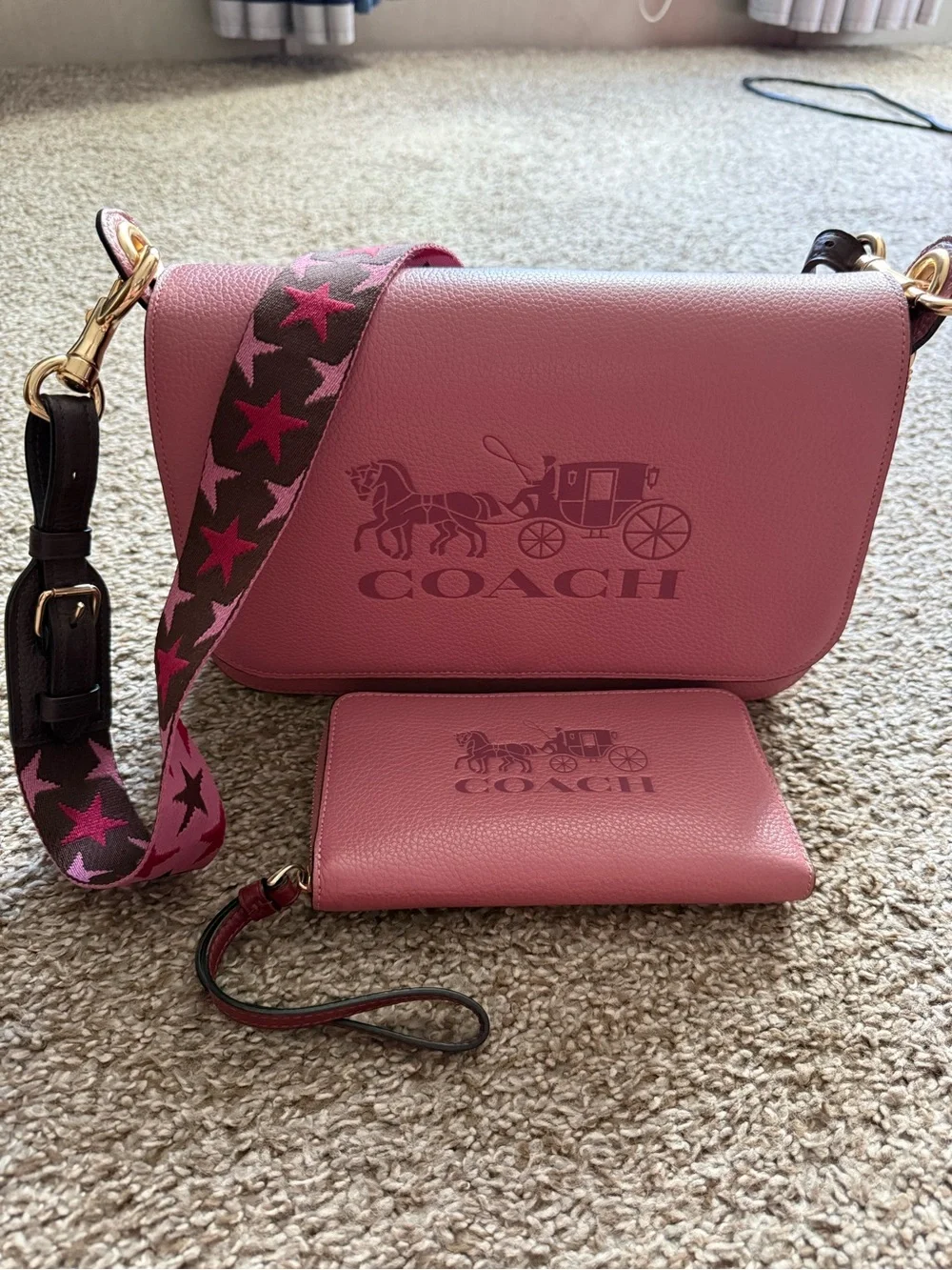 Coach Pink Leather Crossbody with Star-Print Strap and Matching Wristlet - Picture 1 of 1
